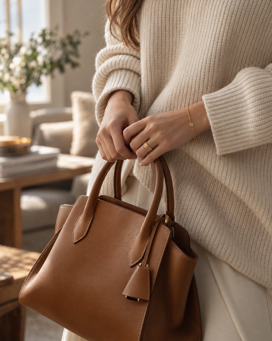 Cream knit with a caramel bag